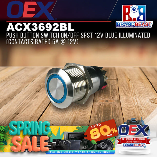 OEX ACX3692BL Push Button Switch On/Off SPST 12V Blue Illuminated (Contacts Rate