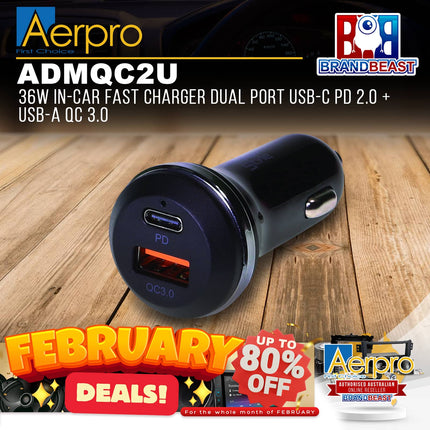 Aerpro ADMQC2U 36W In-Car Fast Charger Dual Port USB-C PD 2.0 + USB-A QC 3.0