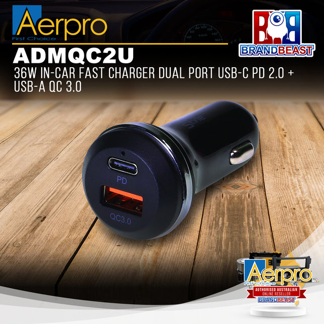 Aerpro ADMQC2U 36W In-Car Fast Charger Dual Port USB-C PD 2.0 + USB-A QC 3.0
