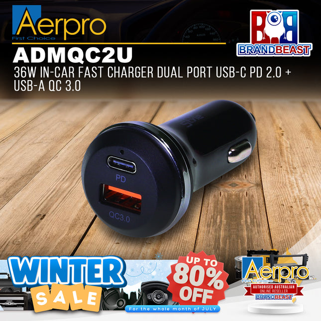 Aerpro ADMQC2U 36W In-Car Fast Charger Dual Port USB-C PD 2.0 + USB-A QC 3.0