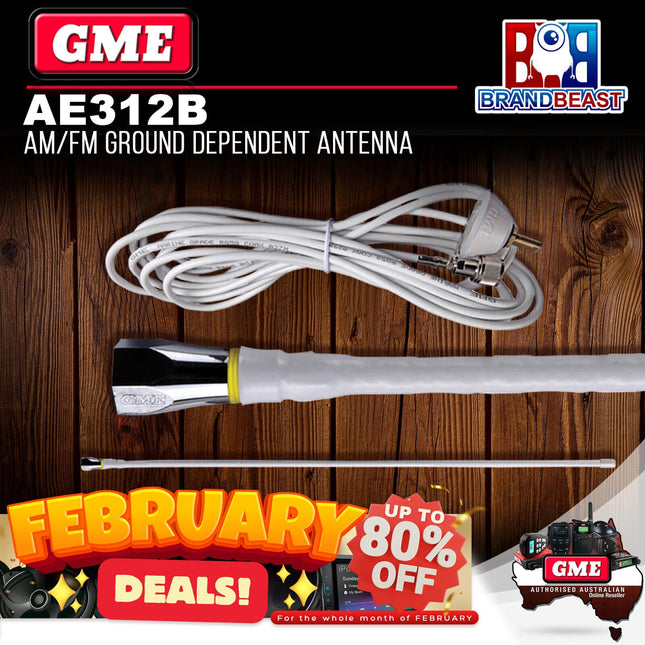 GME AE312B 600mm AM/FM Ground Dependent Antenna Base Cable & Plug White