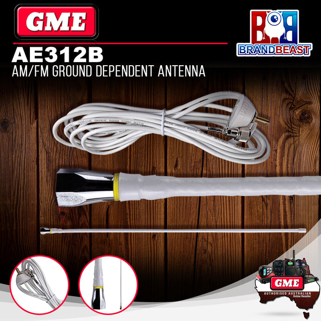 GME AE312B 600mm AM/FM Ground Dependent Antenna Base Cable & Plug White