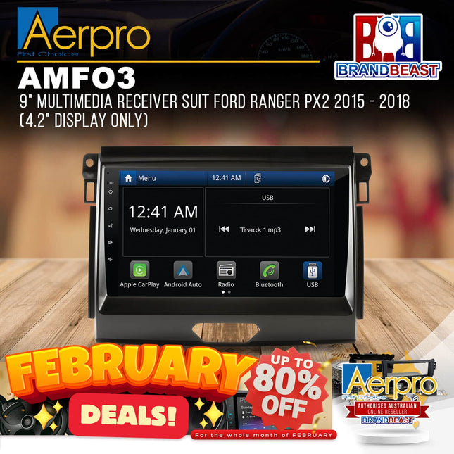 Aerpro AMFO3 9&quot; Multimedia Receiver Suit Ford Ranger PX2 2015 - 2018