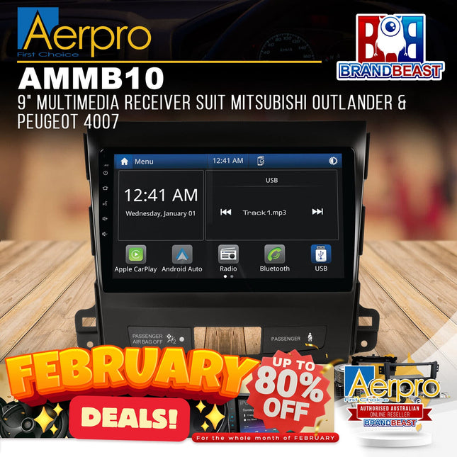 Aerpro AMMB10 9&quot; Multimedia Receiver Suit Mitsubishi Outlander &amp; Peugeot 4007