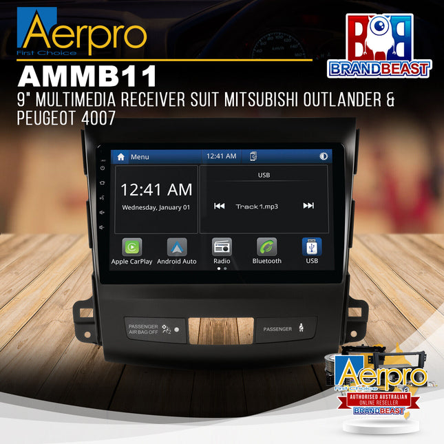 Aerpro AMMB11 9" Multimedia Receiver Suit Mitsubishi Outland & Peugeot 4007