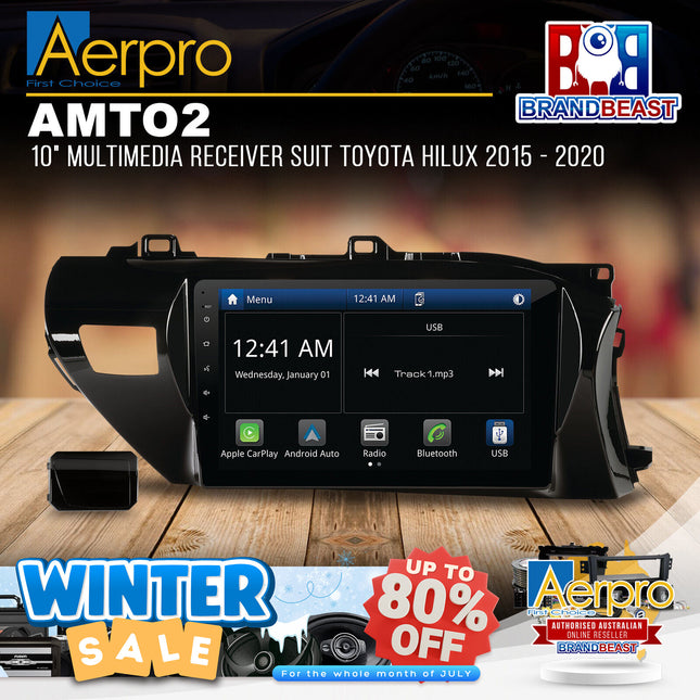 Aerpro AMTO2 10" Multimedia Receiver Suit Toyota Hilux 2015 - 2020
