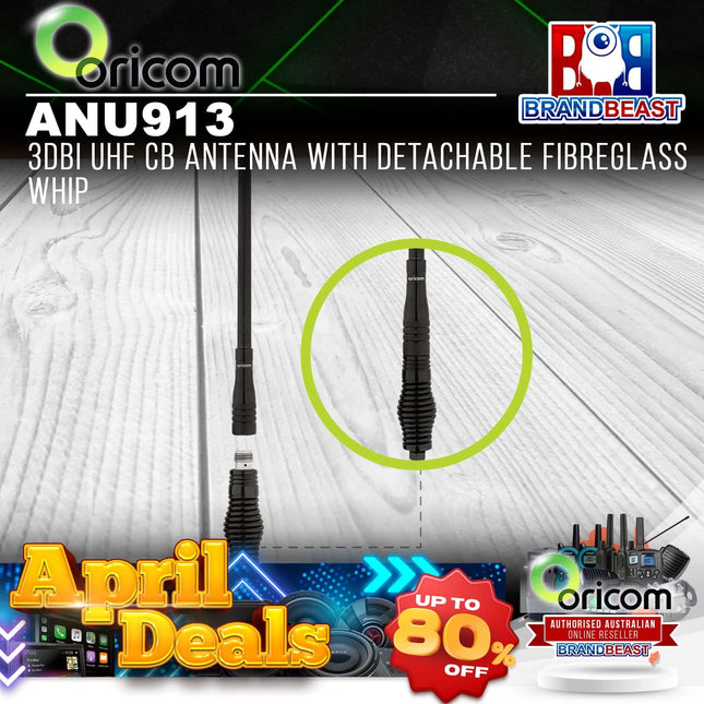 Oricom ANU913 3dBi UHF CB Antenna with Detachable Fibreglass Whip