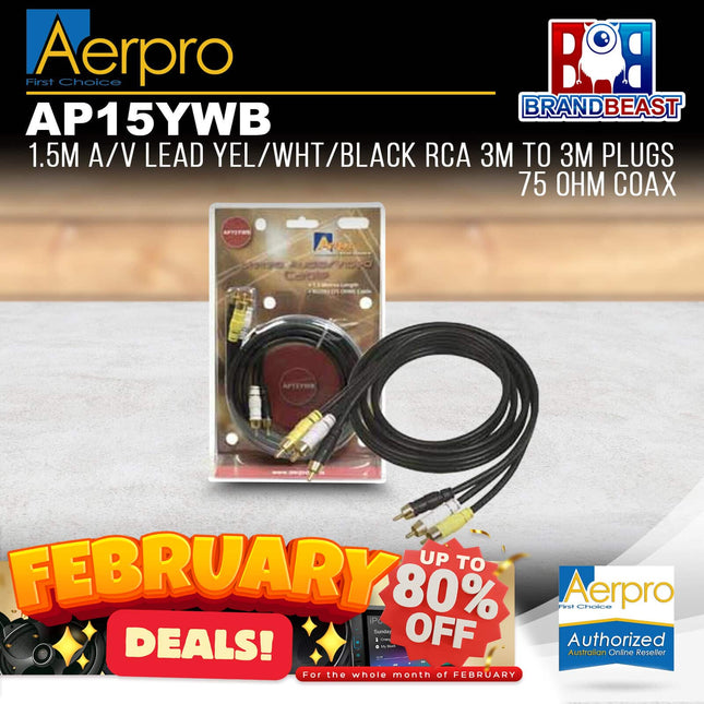 Aerpro AP15YWB 1.5M A/V Lead Yellow/Black/White RCA 3M-3M Plugs