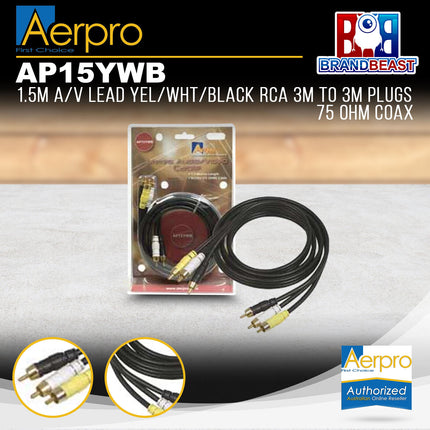 Aerpro AP15YWB 1.5M A/V Lead Yellow/Black/White RCA 3M-3M Plugs