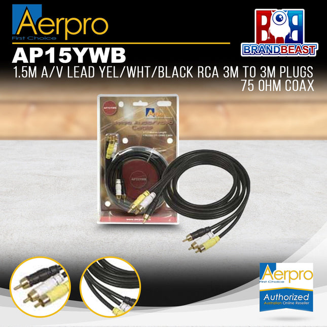 Aerpro AP15YWB 1.5M A/V Lead Yellow/Black/White RCA 3M-3M Plugs