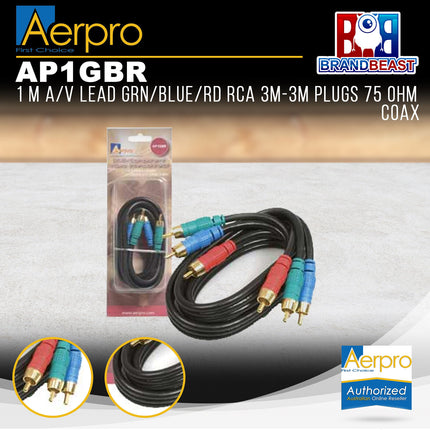 Aerpro AP1GBR 1M A/V Lead Green/Blue/Red RCA 3m to 3m Plugs 75 Ohm Coax
