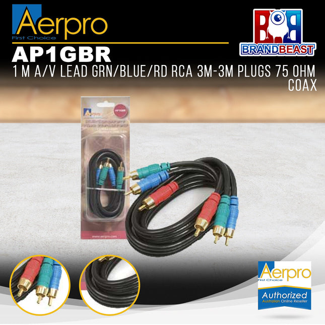 Aerpro AP1GBR 1M A/V Lead Green/Blue/Red RCA 3m to 3m Plugs 75 Ohm Coax