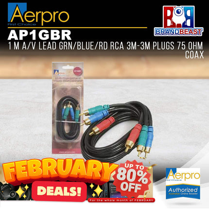 Aerpro AP1GBR 1M A/V Lead Green/Blue/Red RCA 3m to 3m Plugs 75 Ohm Coax