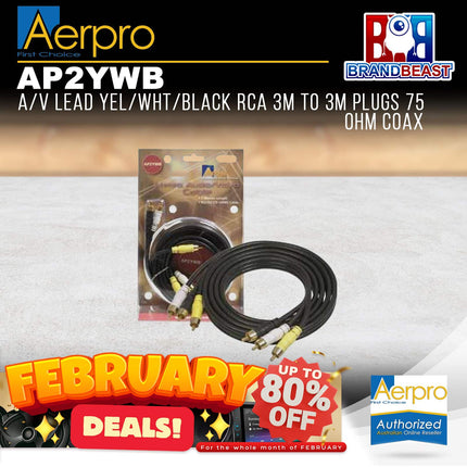 Aerpro AP2YWB 2M A/V Lead Yellow/White/Black RCA 3m to 3m Plugs 75 Ohm Coax