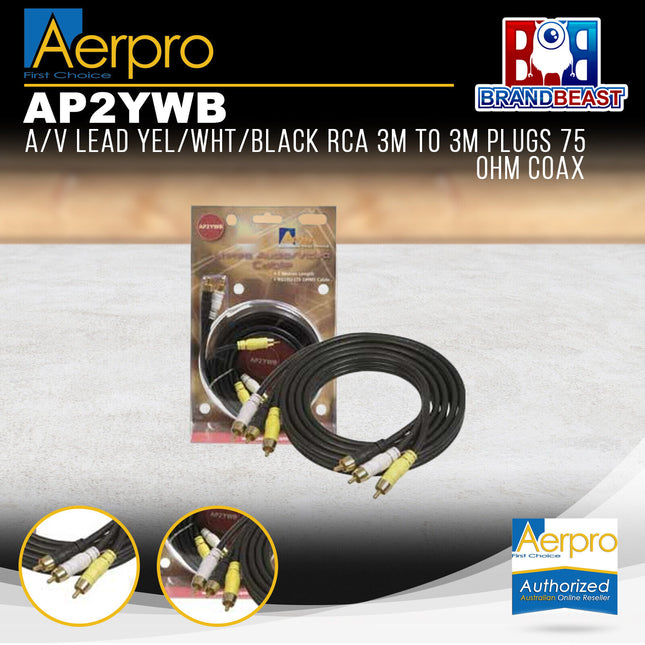 Aerpro AP2YWB 2M A/V Lead Yellow/White/Black RCA 3m to 3m Plugs 75 Ohm Coax