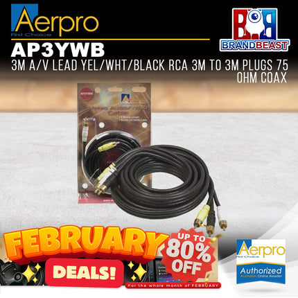 Aerpro AP3YWB 3M A/V Lead Yellow/White/Black RCA 3 Male to 3 Male Plugs 75 Ohm