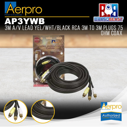 Aerpro AP3YWB 3M A/V Lead Yellow/White/Black RCA 3 Male to 3 Male Plugs 75 Ohm