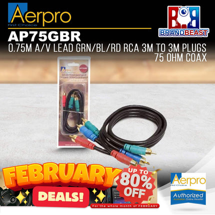 Aerpro AP75GBR .75M A/V Lead Green/Blue/Red RCA 3m to 3m Plugs 75 Ohm Coax