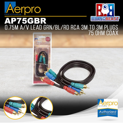 Aerpro AP75GBR .75M A/V Lead Green/Blue/Red RCA 3m to 3m Plugs 75 Ohm Coax