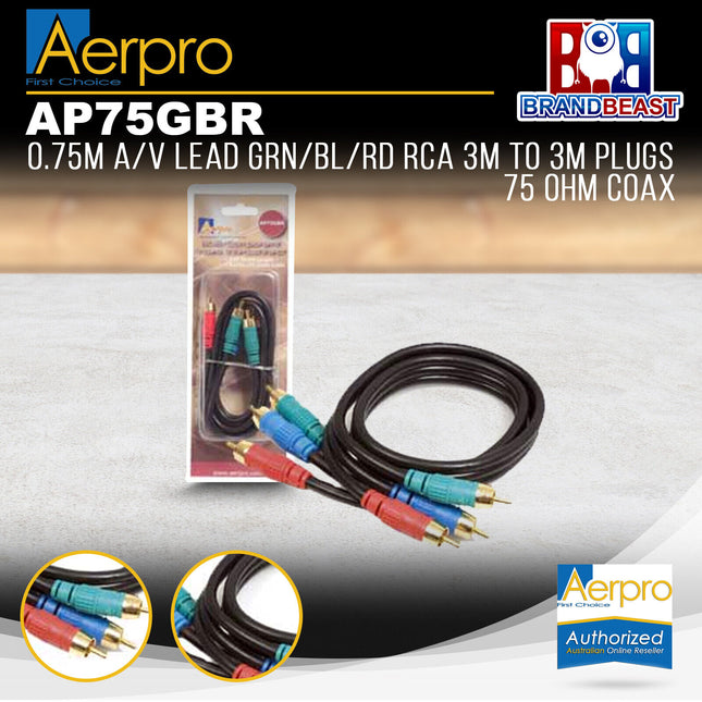 Aerpro AP75GBR .75M A/V Lead Green/Blue/Red RCA 3m to 3m Plugs 75 Ohm Coax
