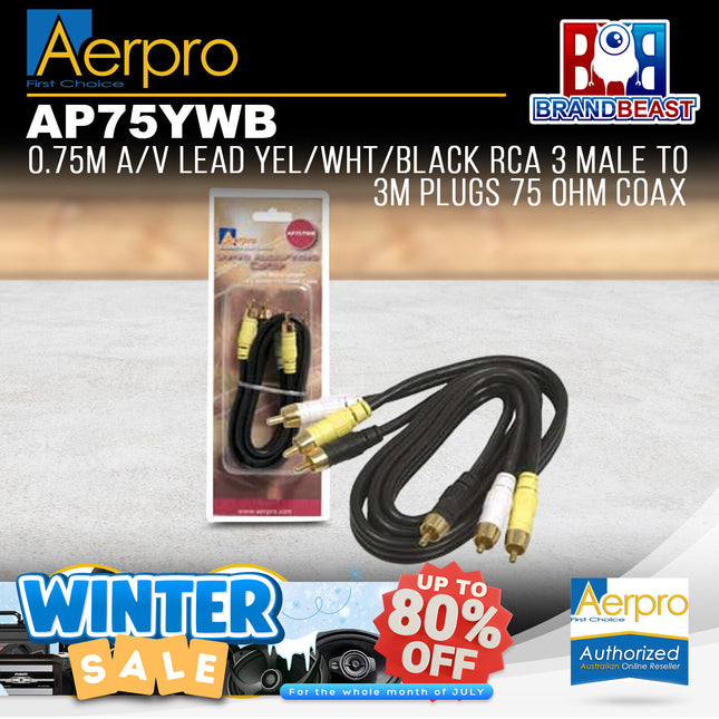Aerpro AP75YWB .75M A/V Lead Yellow/White/Black RCA 3m to 3m Plugs 75 Ohm Coax