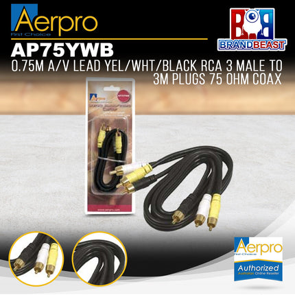 Aerpro AP75YWB .75M A/V Lead Yellow/White/Black RCA 3m to 3m Plugs 75 Ohm Coax