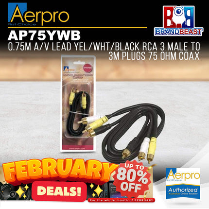 Aerpro AP75YWB .75M A/V Lead Yellow/White/Black RCA 3m to 3m Plugs 75 Ohm Coax