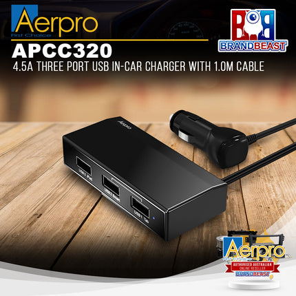 Aerpro APCC320 4.5A Three Port USB In-Car Charger With 1.0M Cable