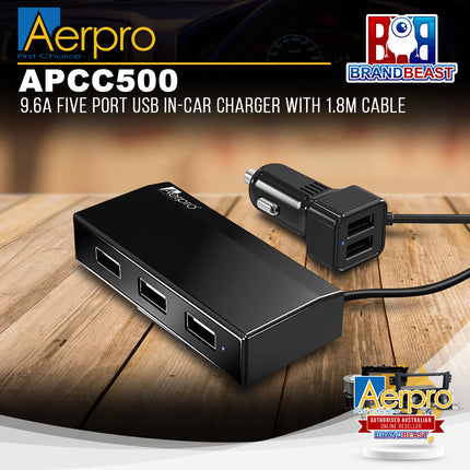 Aerpro APCC500 9.6A Five Port USB In-Car Charger With 1.8M Cable