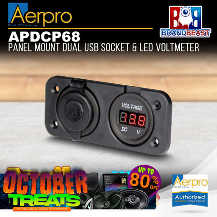 Aerpro APDCP68 Panel Mount Dual USB Socket &amp; LED Voltmeter