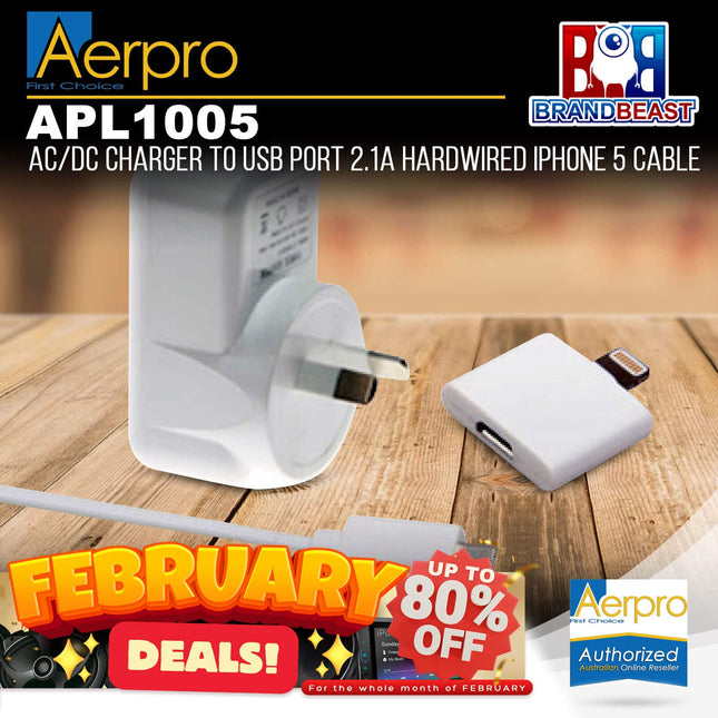 Aerpro APL1005 AC/DC Charger to USB Port 2.1A Hardwired iPhone 5 Cable