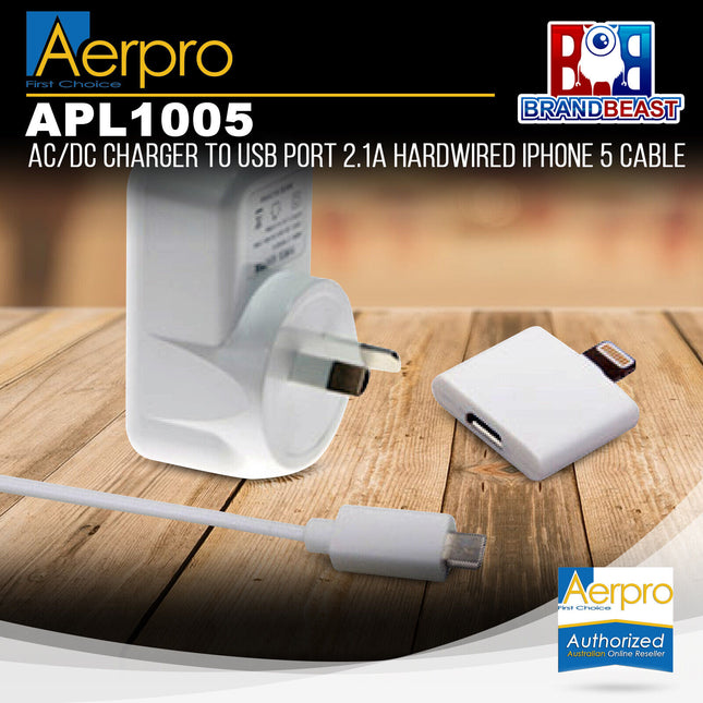 Aerpro APL1005 AC/DC Charger to USB Port 2.1A Hardwired iPhone 5 Cable