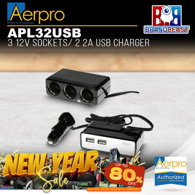 Aerpro APL32USB 3 12V Sockets / 2 2A USB Charger