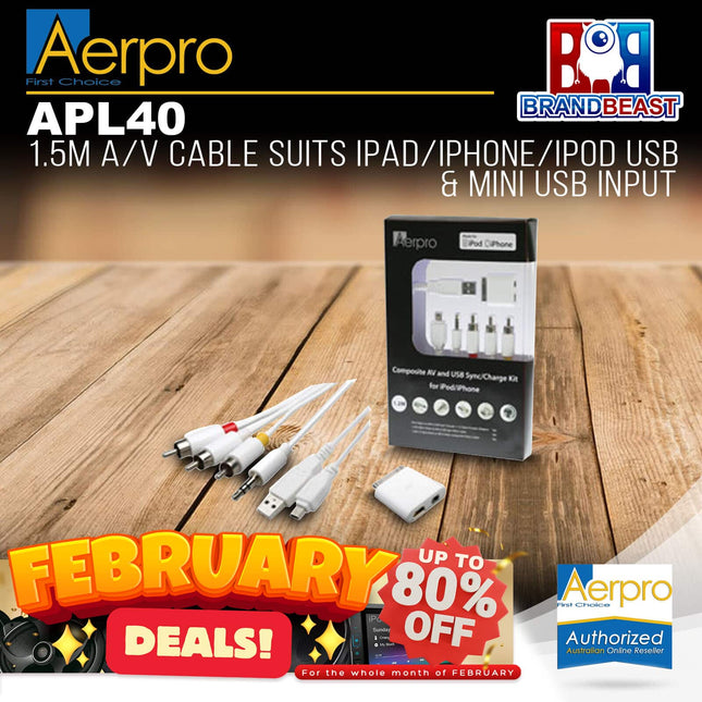 Aerpro APL40 1.5m AV Cable Suits iPad/iPhone/iPod USB & Mini USB Input