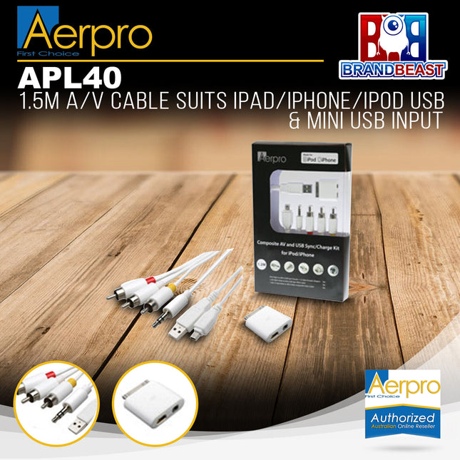 Aerpro APL40 1.5m AV Cable Suits iPad/iPhone/iPod USB & Mini USB Input