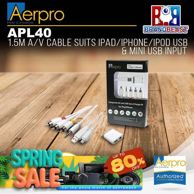 Aerpro APL40 1.5m AV Cable Suits iPad/iPhone/iPod USB & Mini USB Input