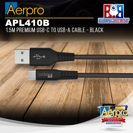 Aerpro APL410B 1.5M Premium USB-C To USB-A Cable - Black