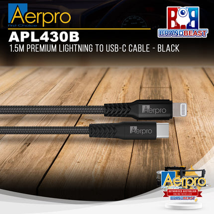 Aerpro APL430B 1.5M Premium MFI Certified Lightning to USB-C Cable - Black