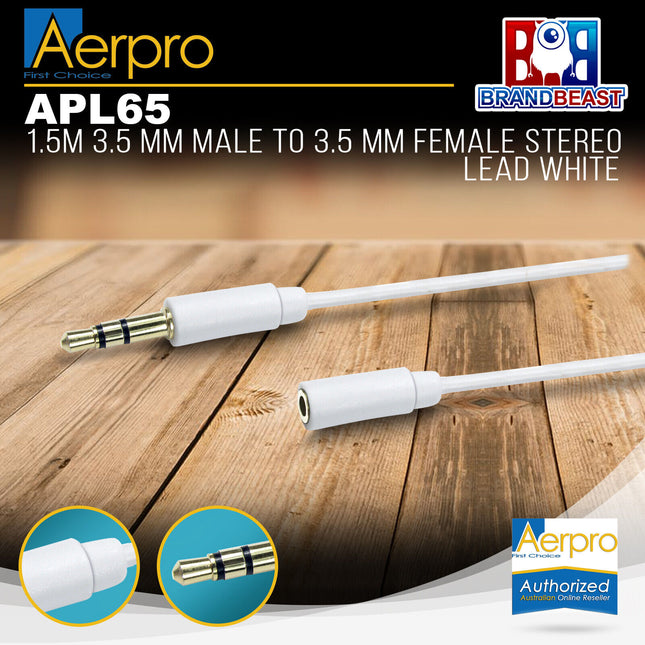 Aerpro APL65 1.5M White 3.5mm Male to 3.5mm Female Stereo Lead