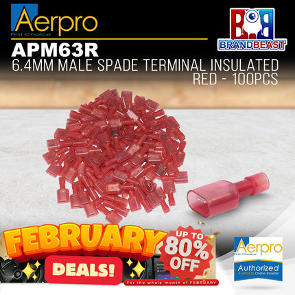 Aerpro APM63R 6.4mm Male Spade Terminal Insulated Red - 100pcs