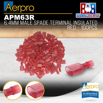 Aerpro APM63R 6.4mm Male Spade Terminal Insulated Red - 100pcs