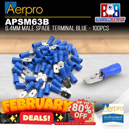 Aerpro APSM63B 6.4mm Male Spade Terminal Blue - 100pcs