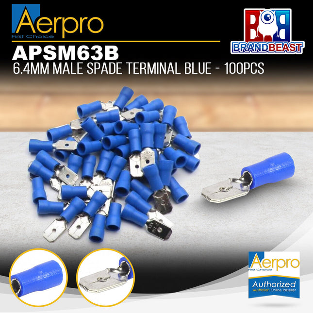 Aerpro APSM63B 6.4mm Male Spade Terminal Blue - 100pcs