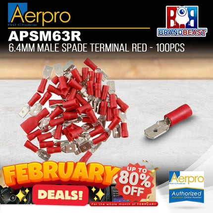 Aerpro APSM63R 6.4mm Male Spade Terminal Red - 100pcs