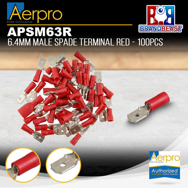 Aerpro APSM63R 6.4mm Male Spade Terminal Red - 100pcs