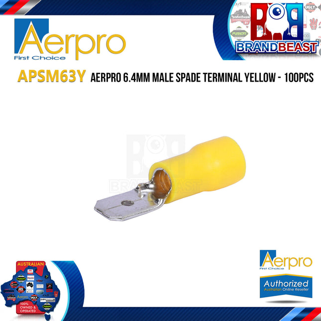 Aerpro APSM63Y 6.4mm Male Spade Terminal Yellow - 100pcs