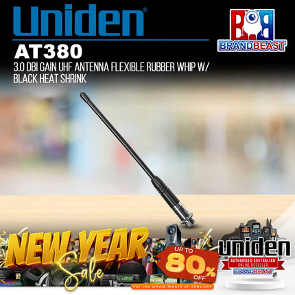 Uniden AT380 3.0 dBi Gain UHF Antenna Flexible Rubber Whip w/ Black Heat Shrink