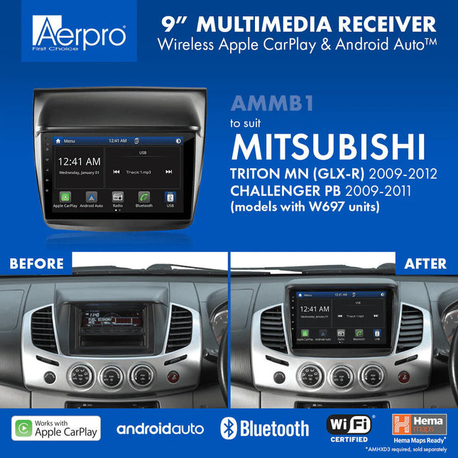 Aerpro AMMB1 9&quot; Multimedia Receiver Suit Mitsubishi Triton GLX-R &amp; Challenger