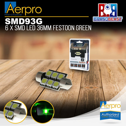 Aerpro SMD93G 6X Super SMD LED 36mm Festoon Interior Globe Green