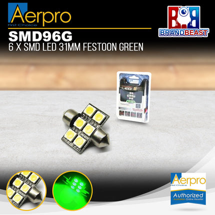 Aerpro SMD96G 6X Super SMD LED 31mm Festoon Interior Globe Green